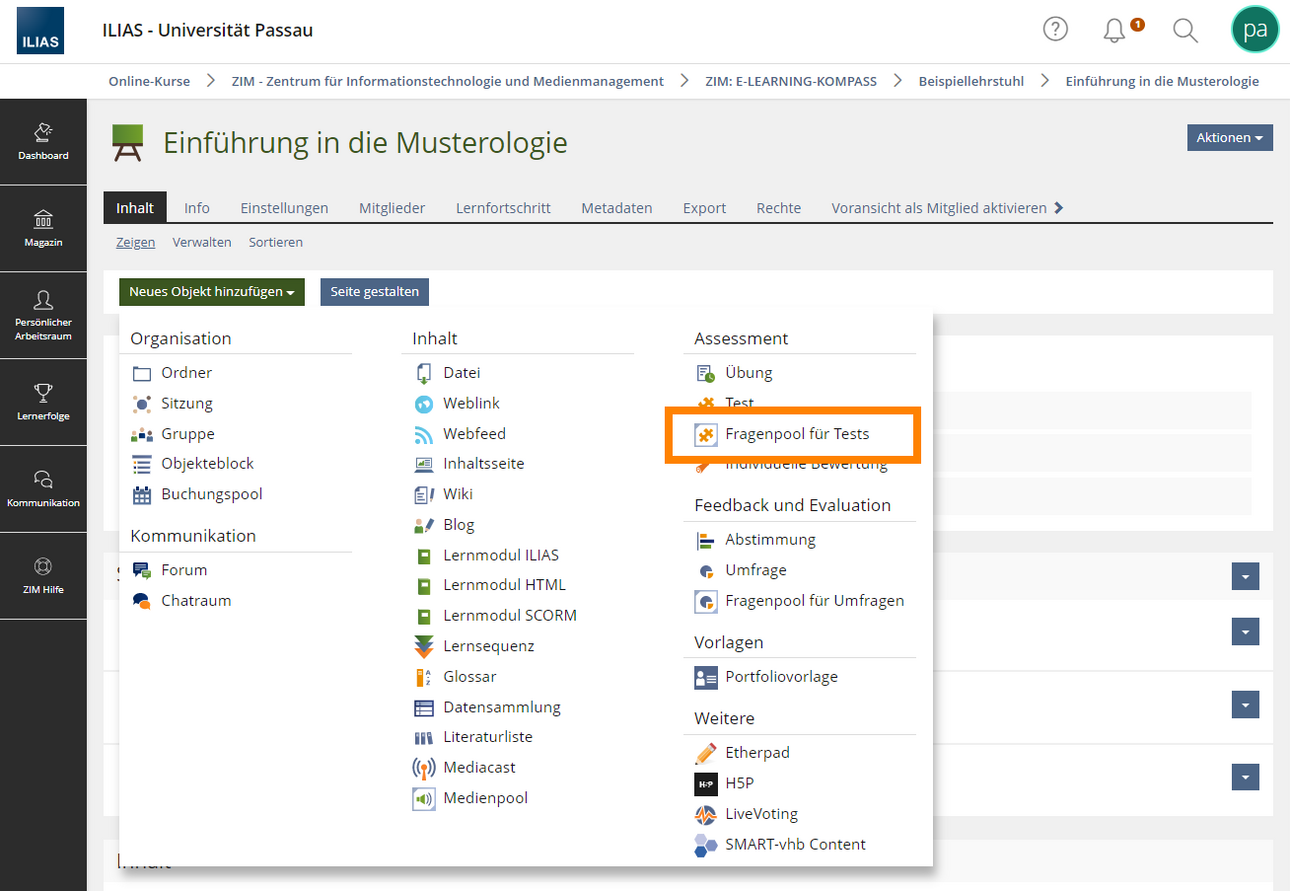 Neues Objekt hinzuf&uuml;gen - Fragenpool f&uuml;r Tests