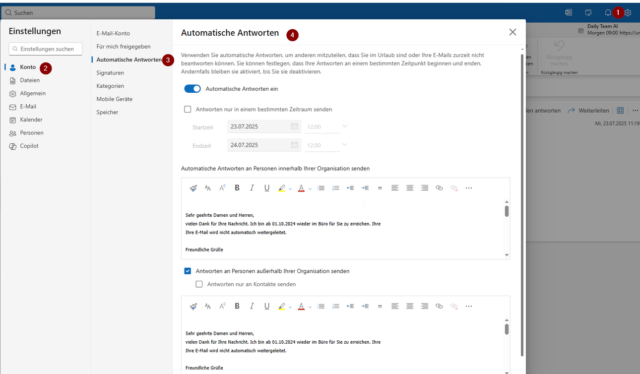 Konto - Automatische Antworten - Outlook Online