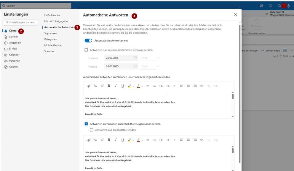Konto - Automatische Antworten - Outlook Online