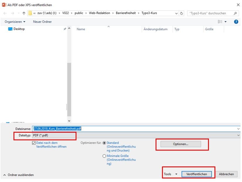 Screenshot Dialog &bdquo;Als PDF/XPS ver&ouml;ffentlichen&ldquo;. Dateispeicherpfad ist zu w&auml;hlen, darunter ist ein Eingabepfad f&uuml;r Dateiname. Auswahlliste f&uuml;r &bdquo;Dateityp&ldquo; (&bdquo;*.pdf&ldquo;) folgt. Rechts ist Dialog &bdquo;Optionen&ldquo;, unten die Schaltfl&auml;chen &bdquo;Ver&ouml;f