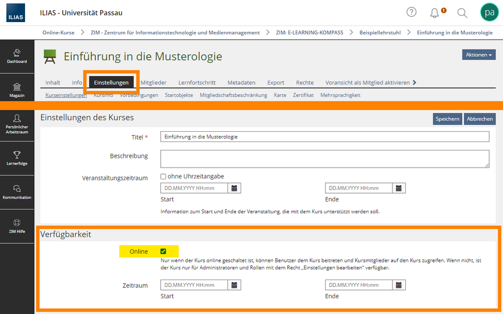 Kurseinstellungen