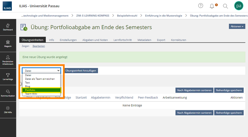 Übungseinheit in Objekt Übung anlegen