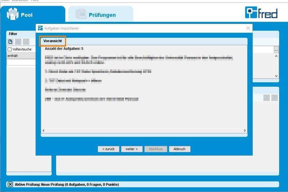Voransicht der importierten Aufgaben