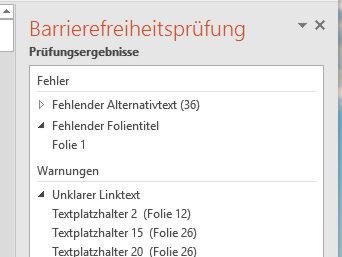 Aufgabenbereich &bdquo;Barrierefreiheitspr&uuml;fung&ldquo; &ouml;ffnet sich rechts, unterteilt in drei Teile. Pr&uuml;fungsergebnisse ist Auflistung von Fehlern und Tipps, Weitere Informationen mit n&auml;heren Hinweisen zum gew&auml;hlten Fehler, darunter ein Link zu weiteren Info
