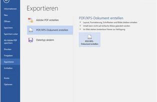 Screenshot des Dialogs Exportieren der Anwendung Word. Links ist der Eintrag "Exportieren" farblich markiert, mittig findet sich eine weitere Auflistung, "PDF/XPS-Dokument erstellen" ist markiert, und rechts ist "PDF/XPS-Dokument erstellen" markiert.
