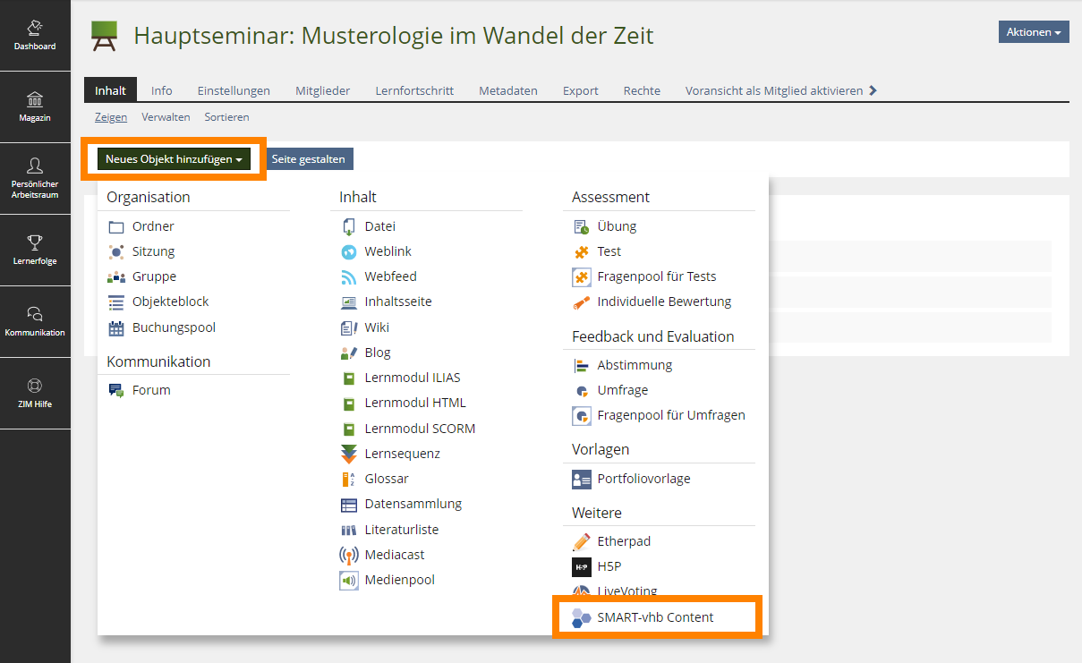 Gr&uuml;ner Button "Neues Objekt hinzuf&uuml;gen" links oben auf der Startseite des Kurses
