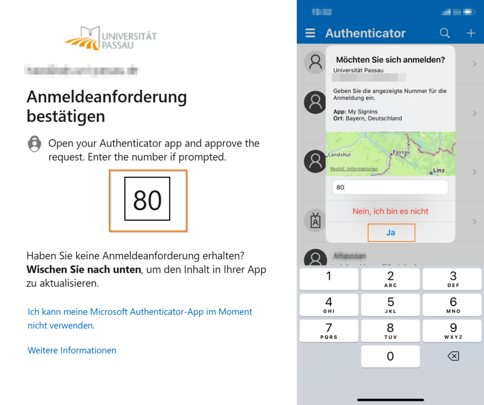 Microsoft Authenticator App number Matching number matching 80 (blurred)