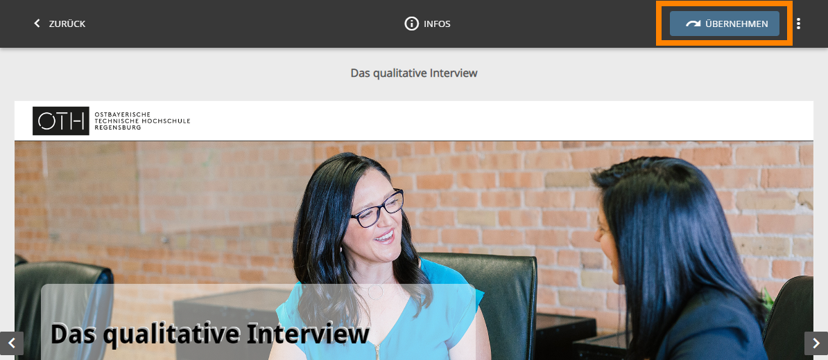 Passendes Material kann mit dem Button "&Uuml;bernehmen" rechts oben in den eigenen ILIAS-Kurs aufgenommen werden