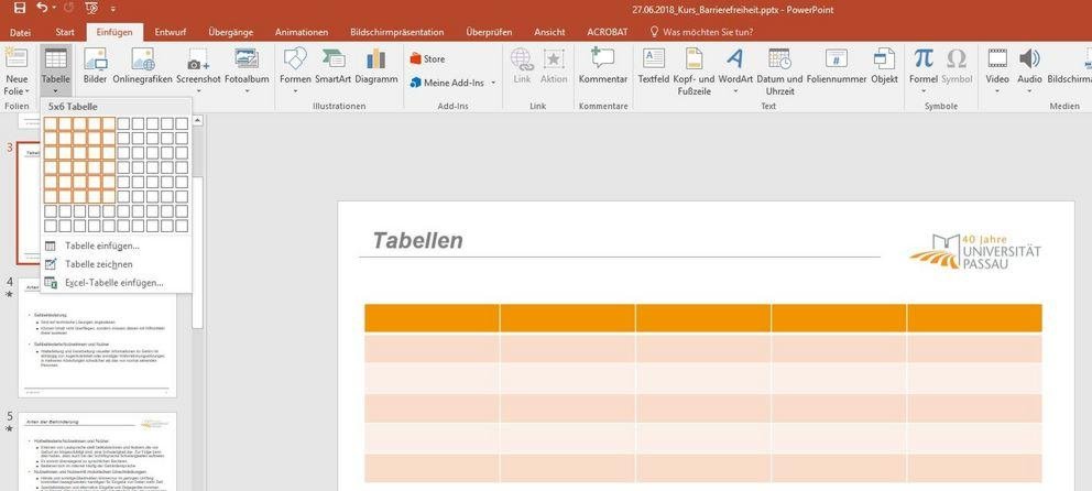 Screenshot des Anwendungsfensters von PowerPoint. Der Reiter "Einfügen" ist aktiv, der Eintrag "Tabelle" ist aktiviert, der daraufhin ein Untermenü öffnet. Hier kann mit der Maus in einer Matrix eine Vorauswahl für eine Tabellengröße gewählt werden