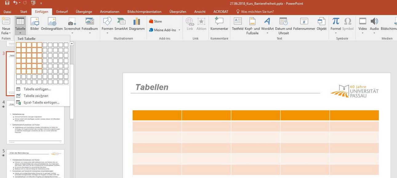 Screenshot des Anwendungsfensters von PowerPoint. Der Reiter "Einf&uuml;gen" ist aktiv, der Eintrag "Tabelle" ist aktiviert, der daraufhin ein Untermen&uuml; &ouml;ffnet. Hier kann mit der Maus in einer Matrix eine Vorauswahl f&uuml;r eine Tabellengr&ouml;&szlig;e gew&auml;hlt werden
