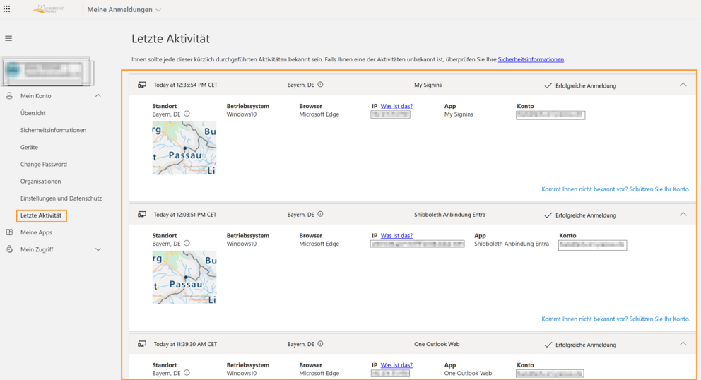 Letzte Aktivit&auml;ten