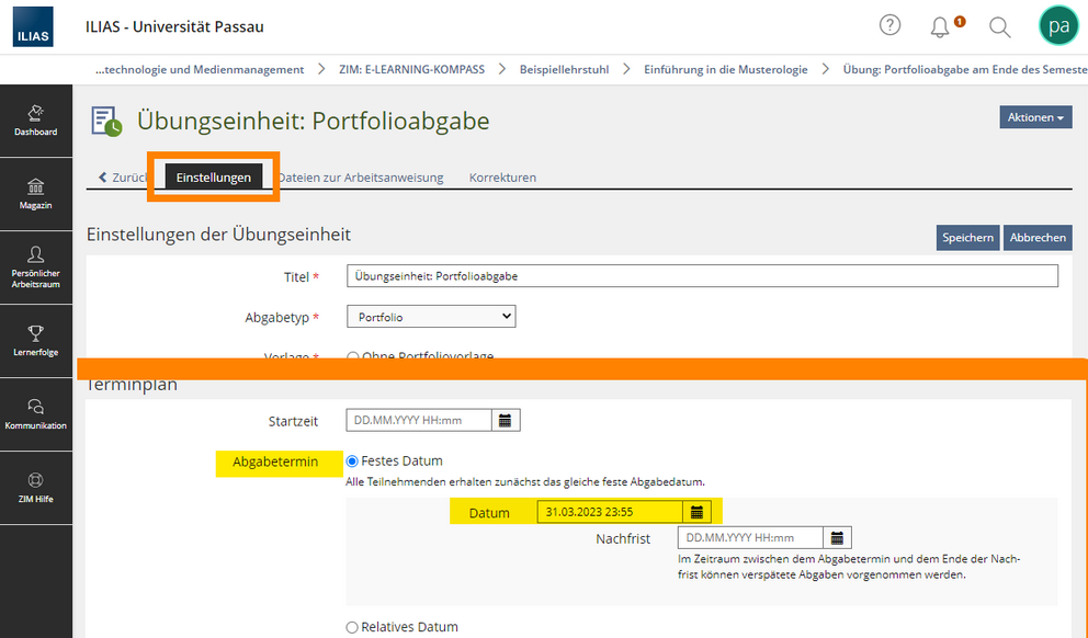 Abgabefrist festlegen