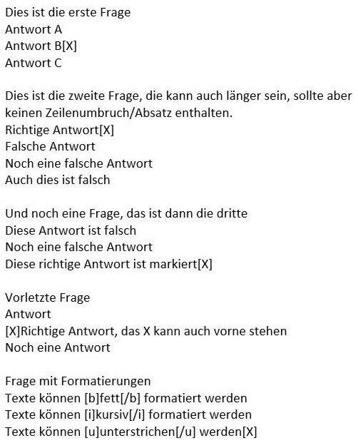 Aufbau der Fragen und Antworten in der Word-Datei