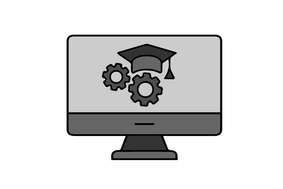 Icon PC-Monitor mit Zahnrädern und Absolvierendenmütze