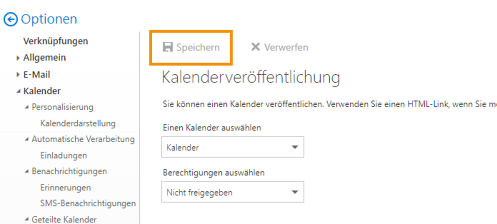 Details zur Kalenderveröffentlichung einstellen und speichern