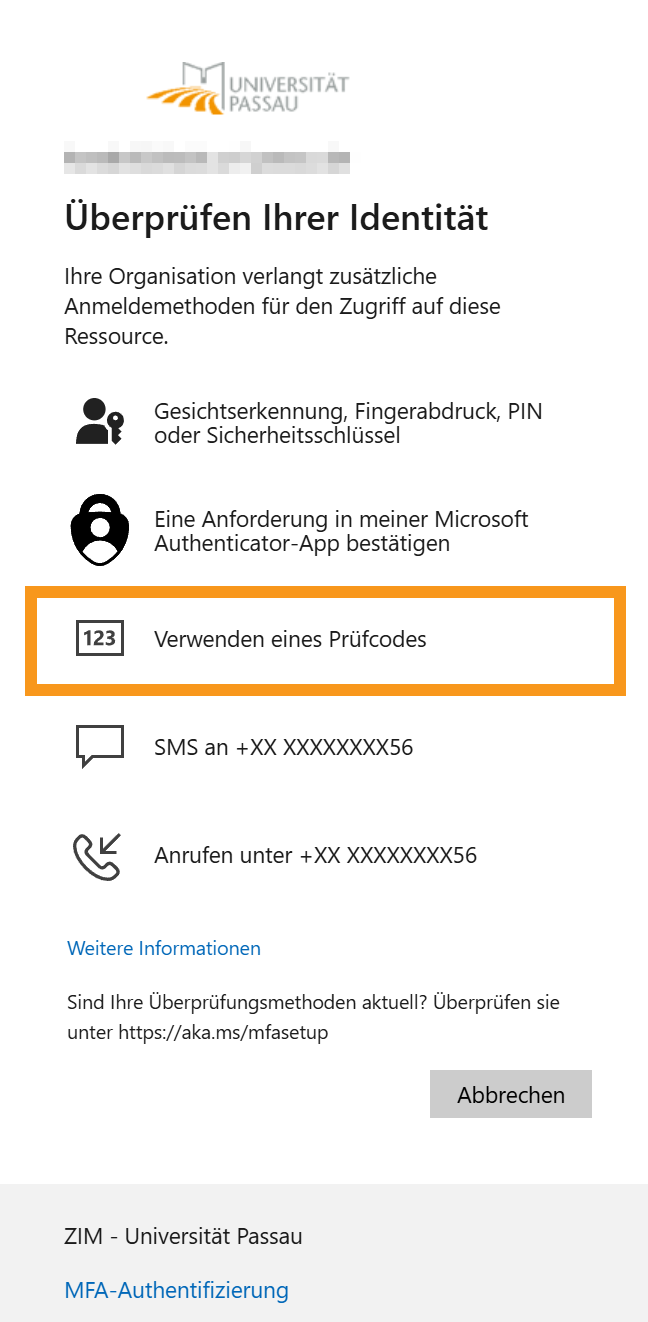 Verwenden eines Pr&uuml;fcode