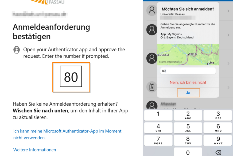 Microsoft Authenticator App number Matching number matching 80 (blurred)