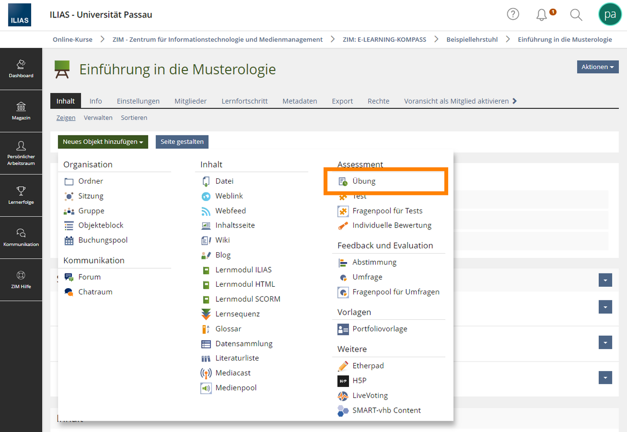Neues Objekt hinzuf&uuml;gen: &Uuml;bung