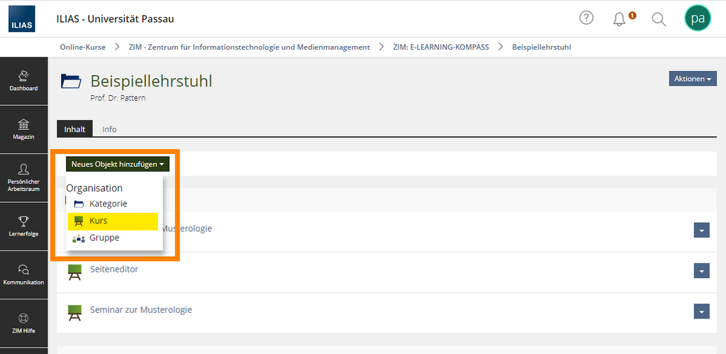 Kurs anlegen