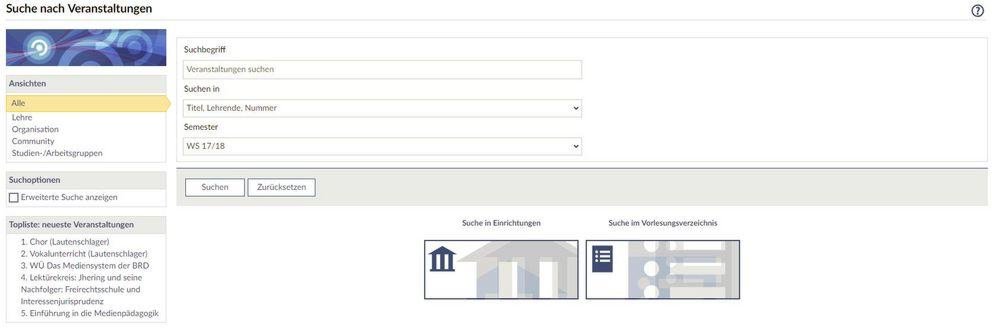 Suche über Einrichtungen Suche über Einrichtungen