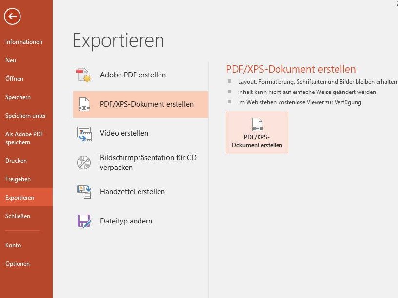 Screenshot des Dialogs Exportieren der Anwendung Powerpoint. Links ist der Eintrag "Exportieren" farblich markiert, mittig findet sich eine weitere Auflistung, "PDF/XPS-Dokument erstellen" ist markiert, und rechts ist "PDF/XPS-Dokument erstellen" markiert