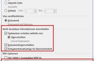 Screenshot „Optionen“. Bereich „Nicht druckbare Informationen einschließen“ sind „Textmarken erstellen […]: Überschriften“, „Dokumenteneigenschaften“, „Dokumentenstruktur […]“ angewählt. Bei „PDF-Optionen“ ist „Text als Bi