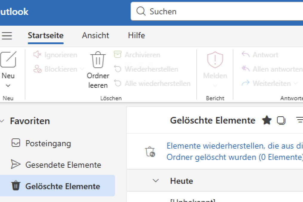 Aufrufen des Ordners "Gel&ouml;schte Elemente"