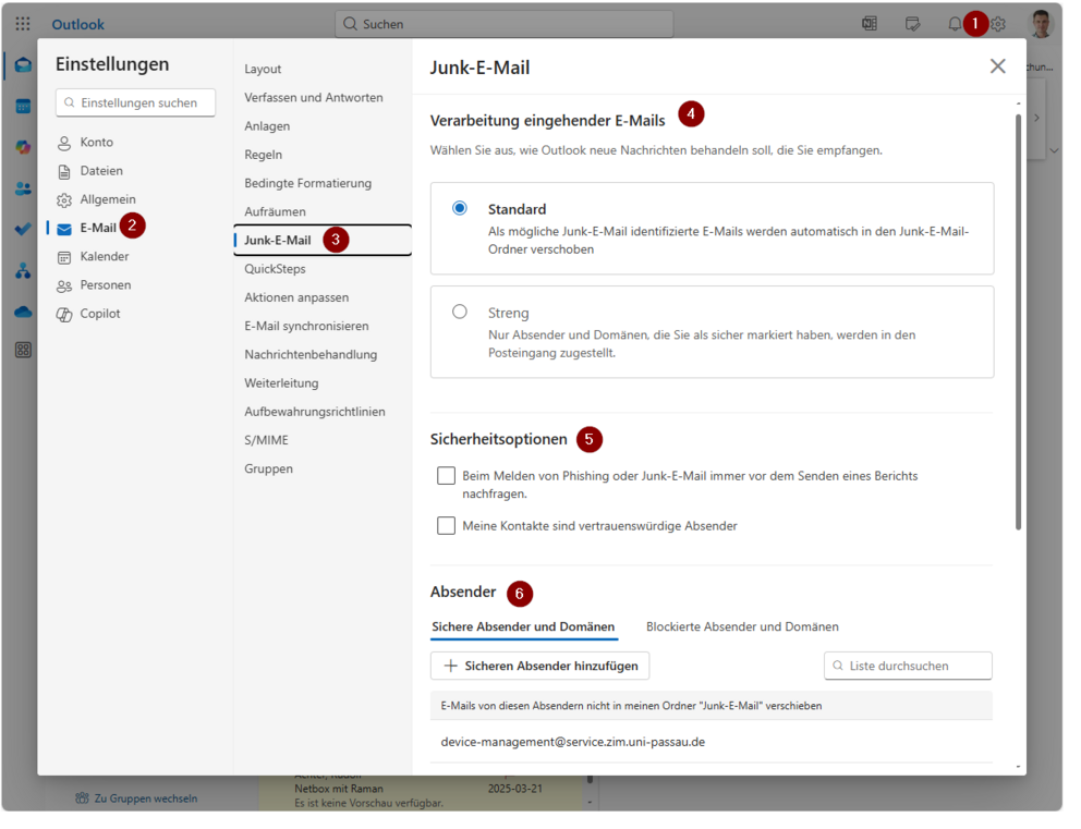 Spam ordner in Outlook Online verwalten