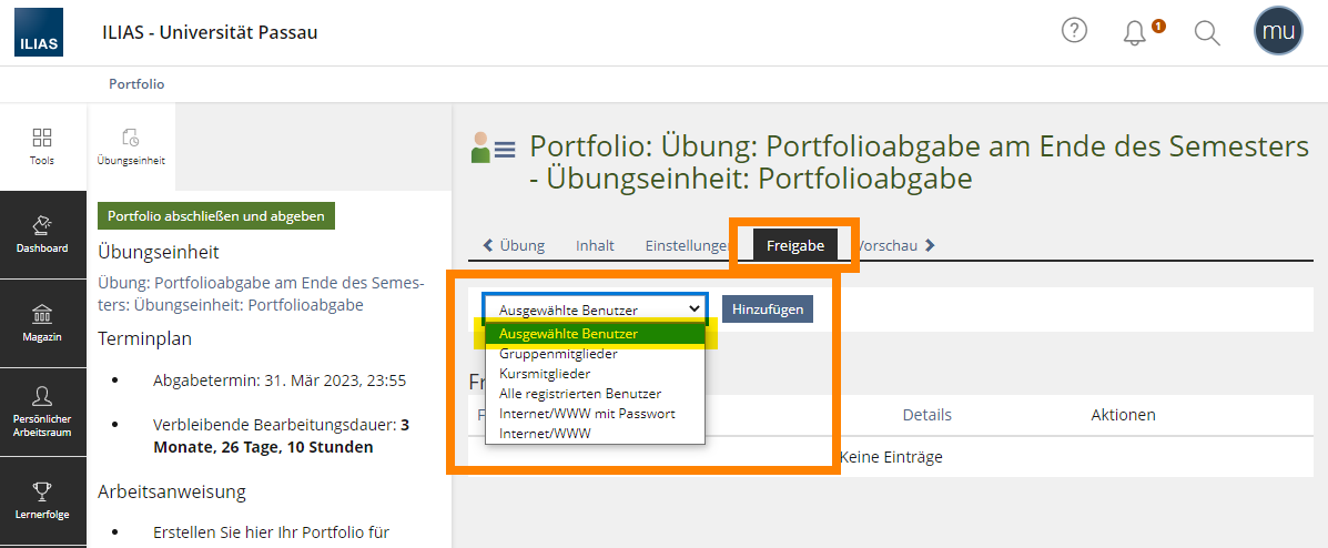 Portfolio f&uuml;r Personen freigeben