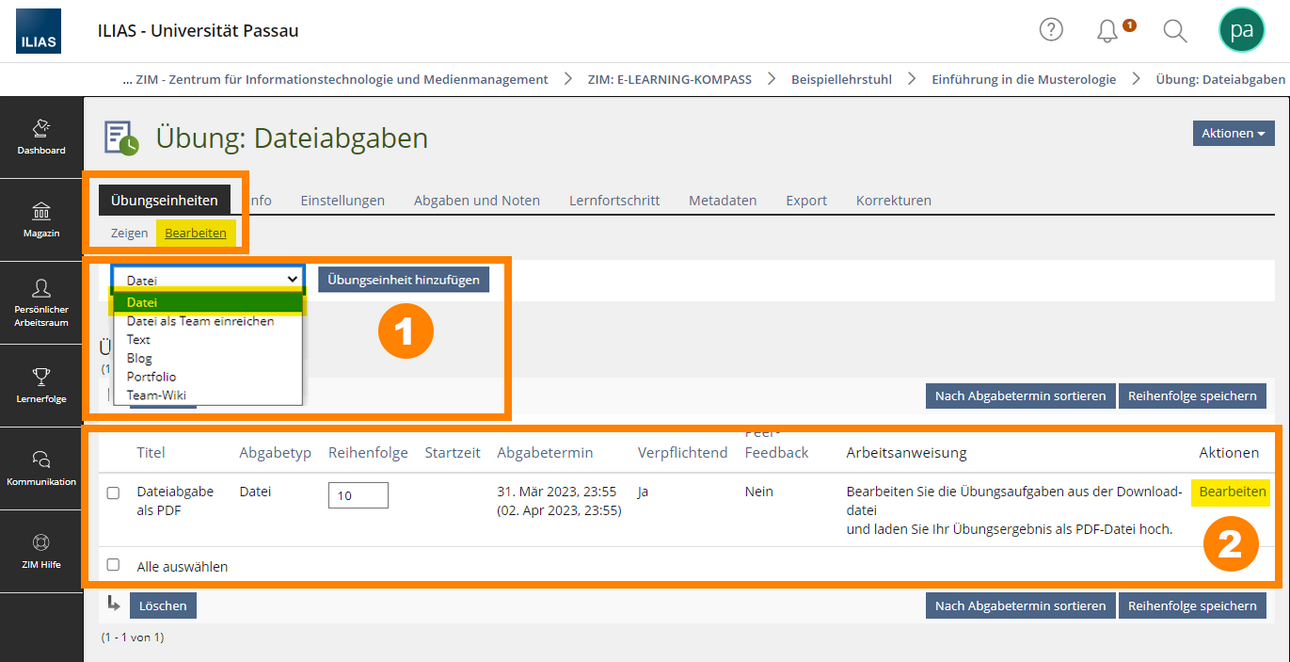 &Uuml;bungseinheit bearbeiten