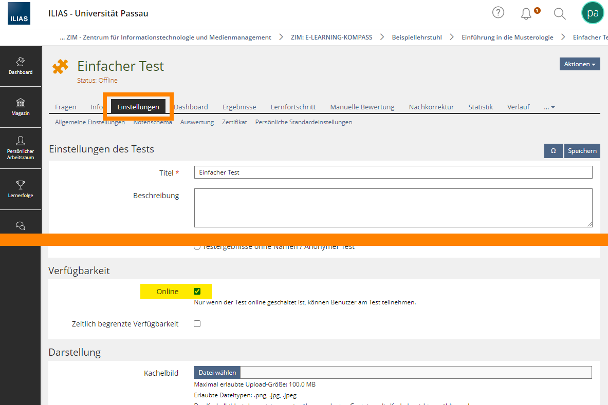 Test online stellen