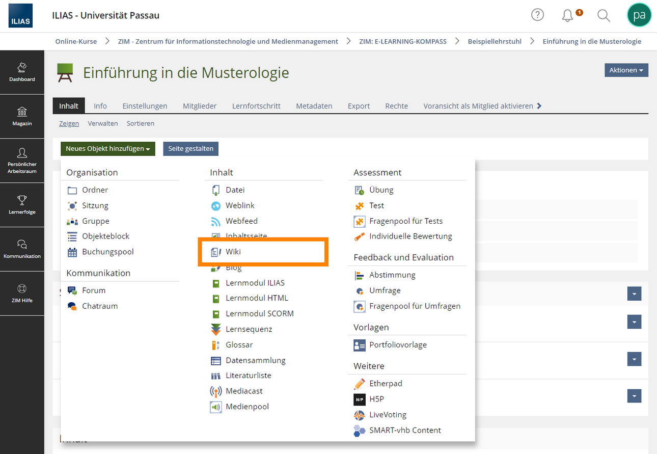 Neues Objekt hinzuf&uuml;gen: Wiki