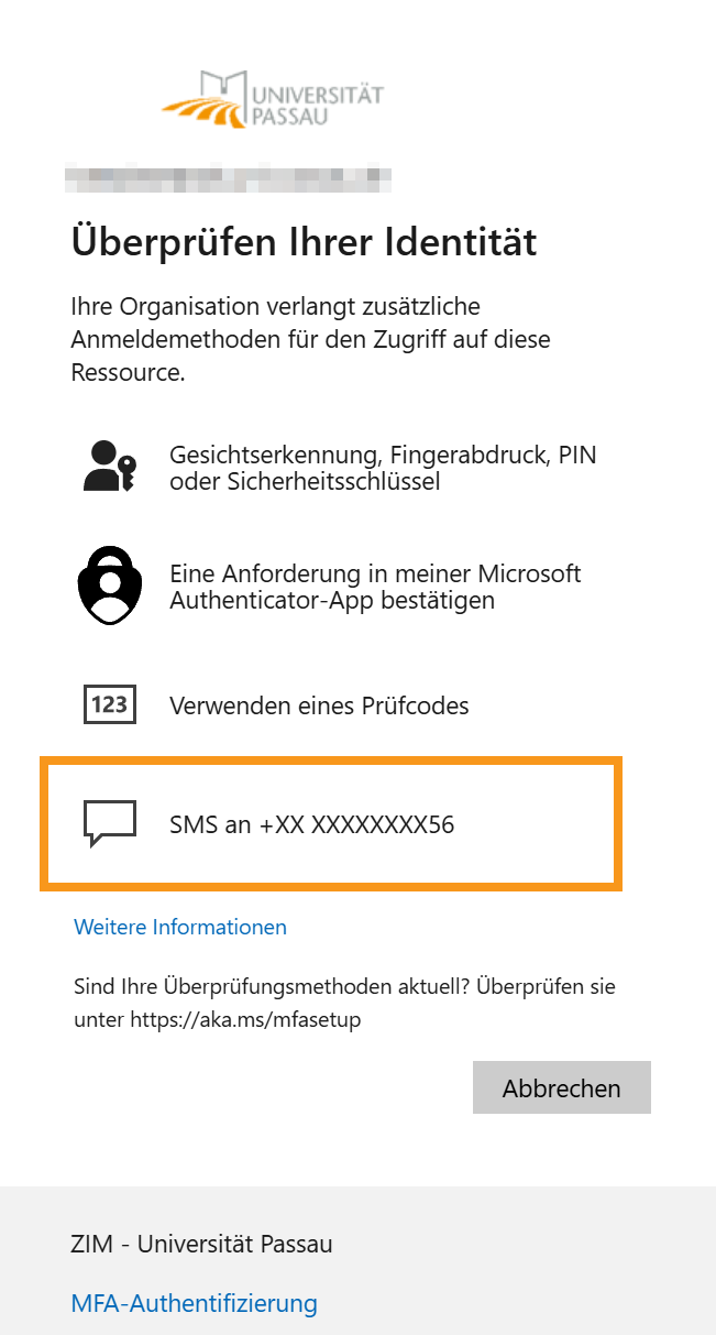 Bild Überprüfen Ihrer Identität Auswahl SMS