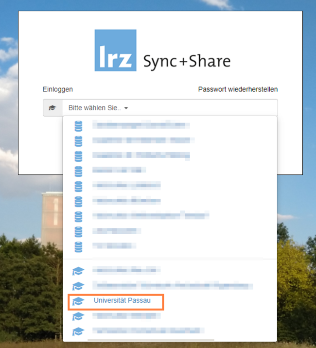 Login-Seite: Universität Passau als Institution auswählen