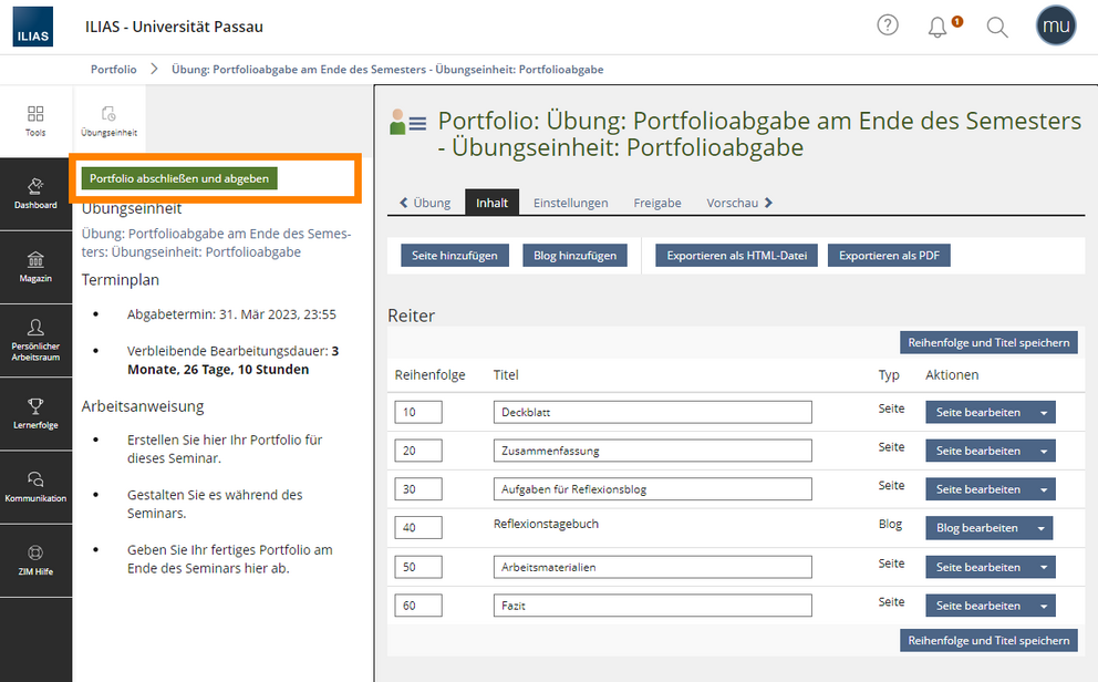 Portfolio abgeben