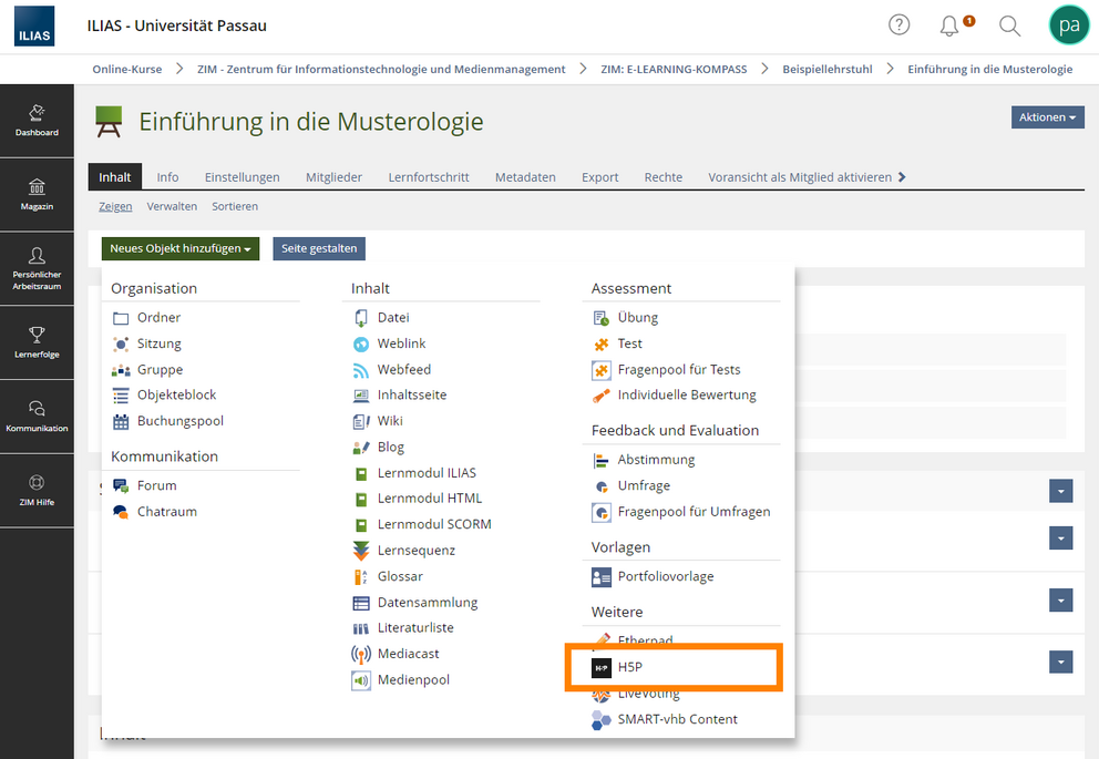 Neues Objekt hinzufügen: H5P