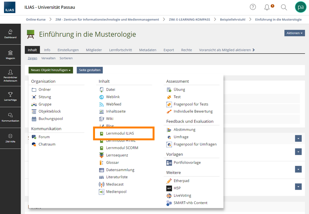 Neues Objekt hinzufügen: Lernmodul ILIAS