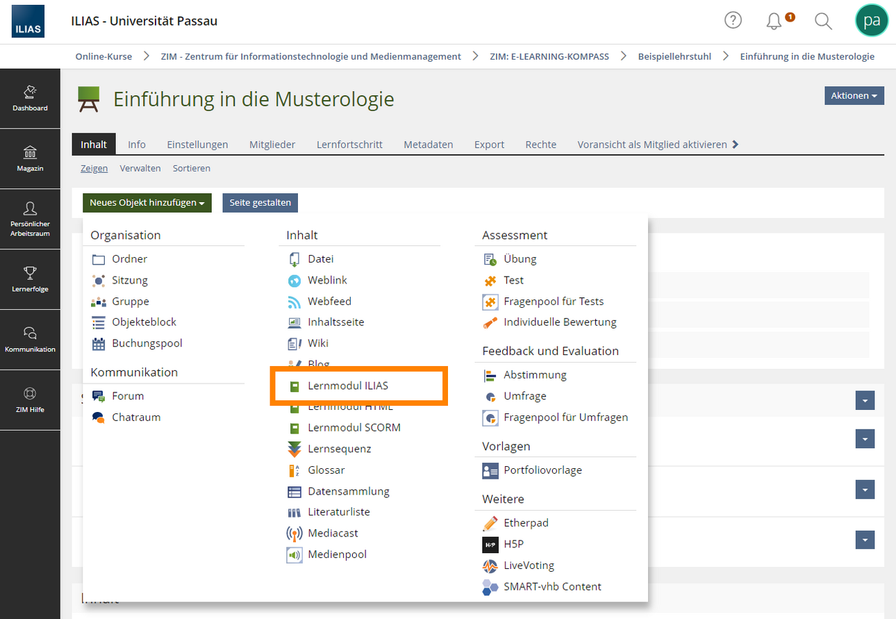 Neues Objekt hinzuf&uuml;gen: Lernmodul ILIAS