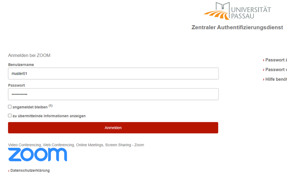 Anmeldung am Zentralen Authentifizierungsdienst der Universität Passau mit ZIM-Kennung