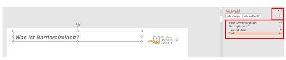 Im Aufgabenbereich "Auswahl" sind Einträge vertikal aufgelistet (von oben nach unten): Foliennummernplatzhalter, Datumsplatzhalter, Textplatzhalter, Titel (farblich markiert). Am rechten Eck sind zwei Schalter (Dreieck mit Spitze) für Elementenanordnung