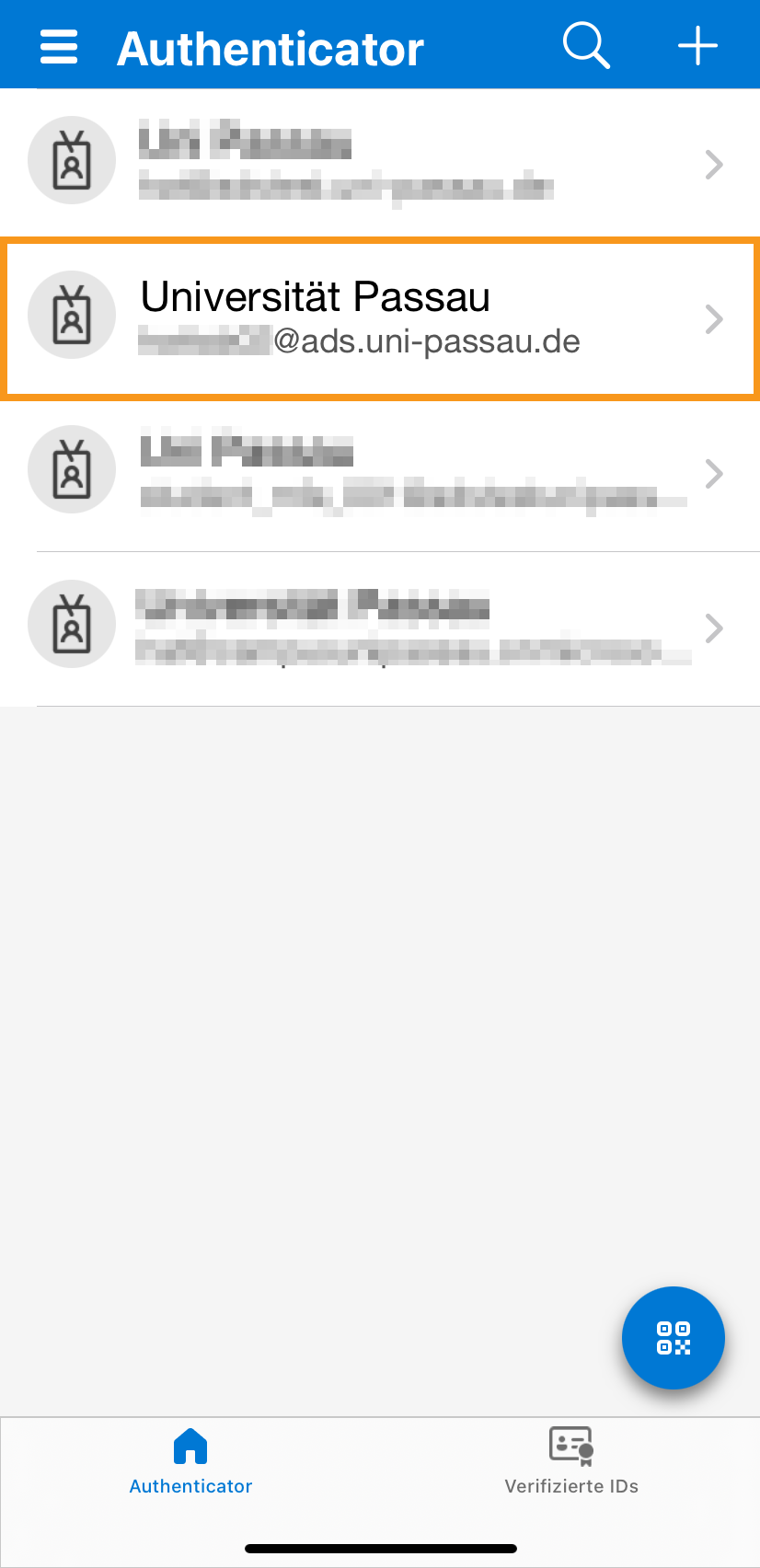 Maske Universitätskonto wählen