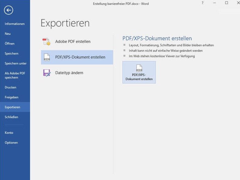 Screenshot des Dialogs Exportieren der Anwendung Word. Links ist der Eintrag "Exportieren" farblich markiert, mittig findet sich eine weitere Auflistung, "PDF/XPS-Dokument erstellen" ist markiert, und rechts ist "PDF/XPS-Dokument erstellen" markiert.