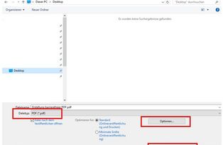 Screenshot Dialog „Als PDF/XPS veröffentlichen“. Dateispeicherpfad ist zu wählen, darunter ist ein Eingabepfad für Dateiname. Auswahlliste für „Dateityp“ („*.pdf“) folgt. Rechts ist Dialog „Optionen“, unten die Schaltflächen „Veröf