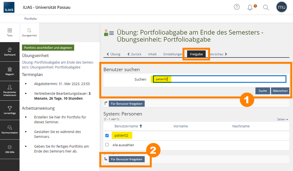 Portfolio einzeln freigeben