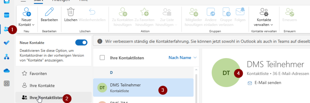 Adressbuch Kontaktlisten auswählen - Outlook Online