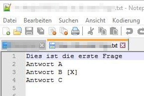 Textdatei in Notepad++ ge&ouml;ffnet: jeder Frage und jede Antwort bekommt eine eigene Zeile und darf nicht in zwei Zeilen umgebrochen werden