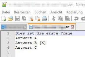 Textdatei in Notepad++ geöffnet: jeder Frage und jede Antwort bekommt eine eigene Zeile und darf nicht in zwei Zeilen umgebrochen werden