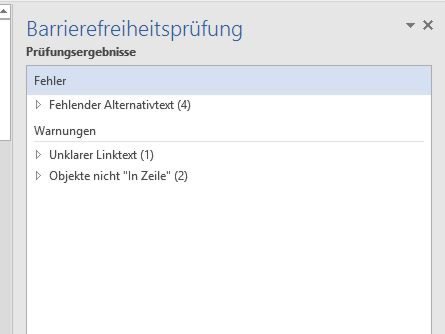 Screenshot des Dialogs &bdquo;Informationen&ldquo; von Word. In der linken Liste ist der Eintrag &bdquo;Informationen&ldquo; markiert, mittig ist &bdquo;Auf Probleme &uuml;berpr&uuml;fen&ldquo; aktiviert, im Untermen&uuml; wird &bdquo;Barrierefreiheit pr&uuml;fen&ldquo; (farblich markiert) gew&auml;hlt.