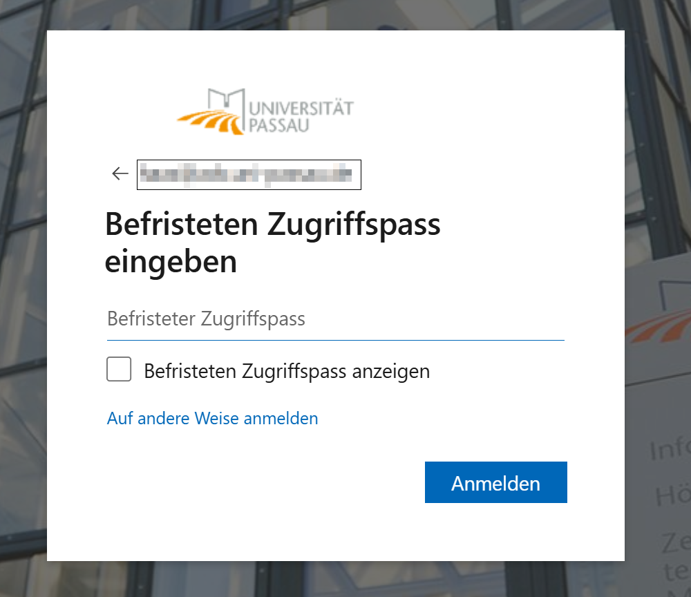 Screenshot: Enter temporary access pass