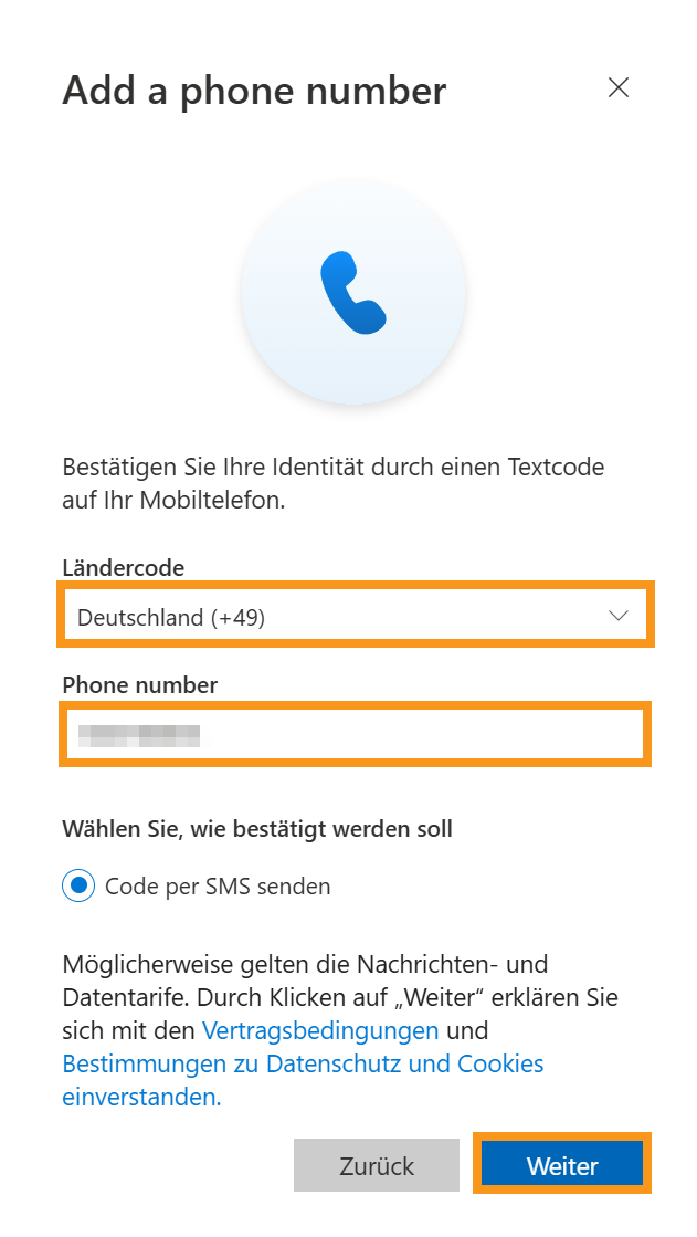 Anmeldemaske Telefonnummer eingeben